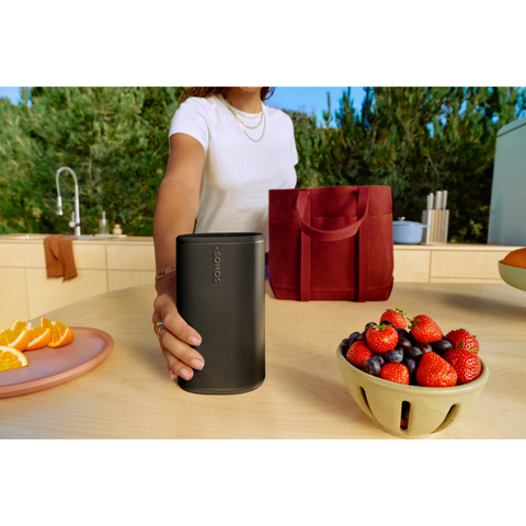 Sonos Play Portable Smart Speaker with WiFi and Bluetooth on table next to fruit (view 8 of 9)