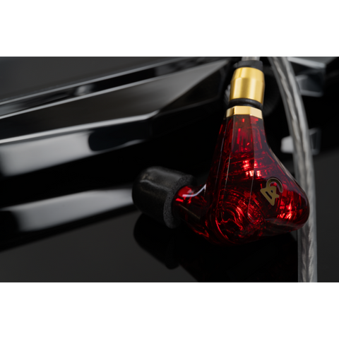 Campfire Audio Trifecta Crimson In-Ear Monitors close up with foam ear tips (view 4 of 5)