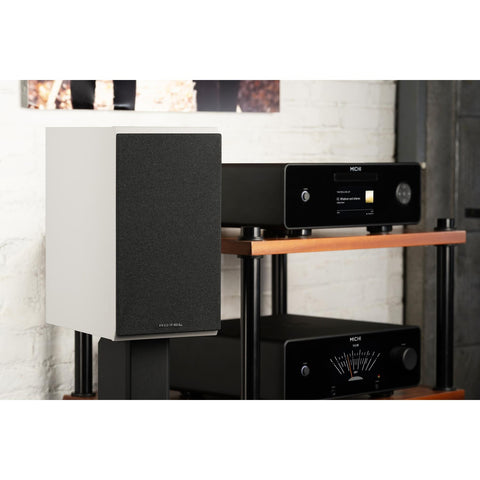 Rotel Amora 5 white-front with grill lifestyle next to stand with Michi amp (view 6 of 10)