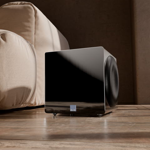 SVS 3000 MICRO R|Evolution-black-lifestyle on floor by beige sofa (view 10 of 10)