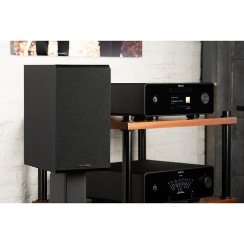 Rotel Amora 5 black-front with grill lifstyle next to stand with Michi amp (view 10 of 10)