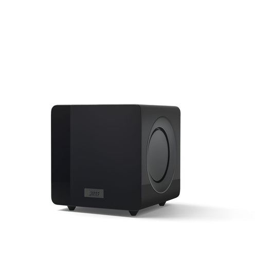 KEF KC92 Subwoofer black gloss front and side view of the subwoofer