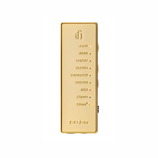 iFi GO Bar 10th Anniversary Limited Edition ultraportable DAC and headphone amplifier with gold-plated copper chassis, compact and lightweight design.