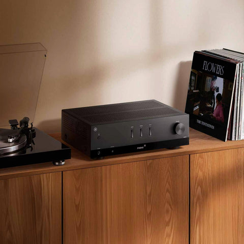 Yamaha R200A 2-Channel Hi-Fi Stereo Receiver with Bluetooth on shelf with turntable (view 7 of 7)